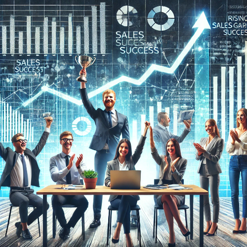 소상공인들이 매출 성장과 성공을 축하하는 모습, 배경에 상승하는 매출 그래프