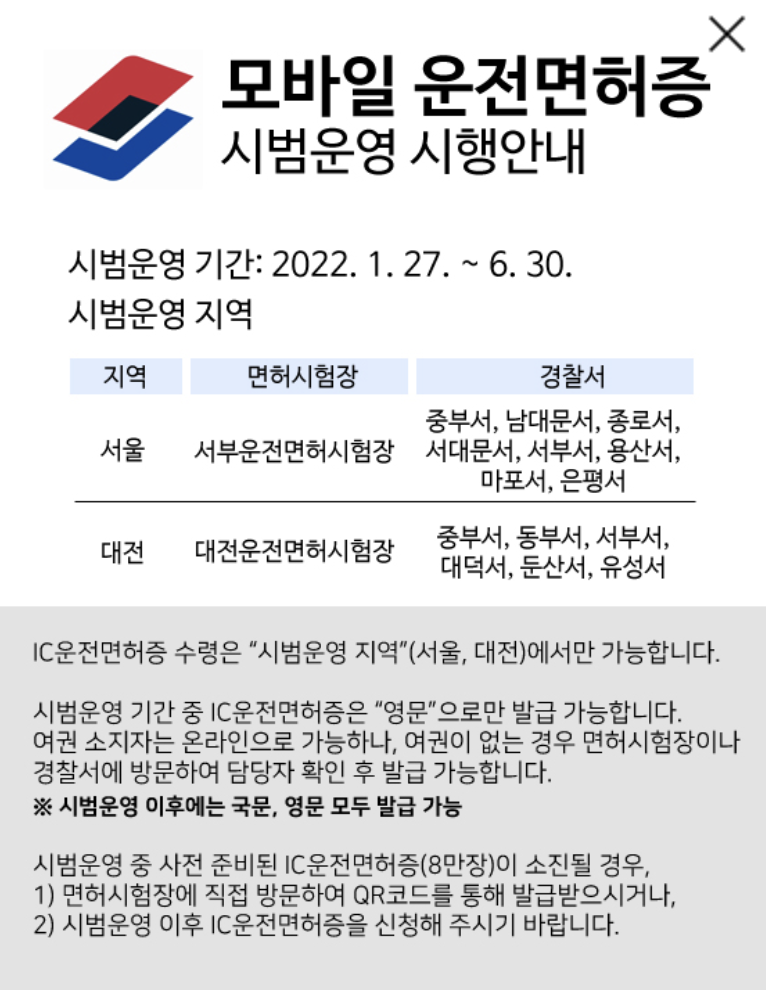 모바일 운전면허증 시범운영 시행 안내문