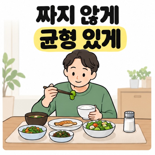 짜지 않게 균형 있게라는 문구 아래 밥과 생선, 채소 반찬을 먹는 남성과 식탁 한쪽에 놓인 소금통