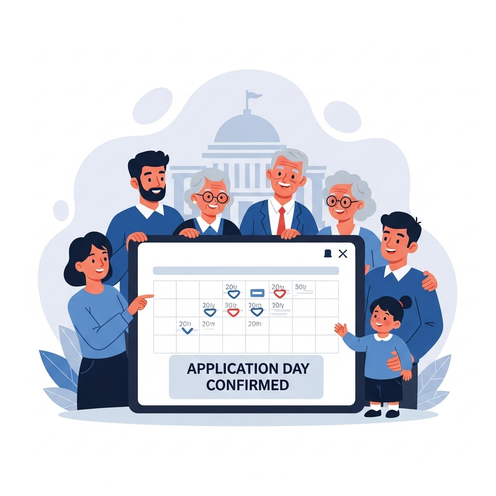 다양한 사람들이 태블릿 화면을 통해 지원금 신청 요일을 확인하며 기뻐하는 모습. 파란색과 회색 톤이 강조된 현대적이고 희망찬 분위기의 삽화.