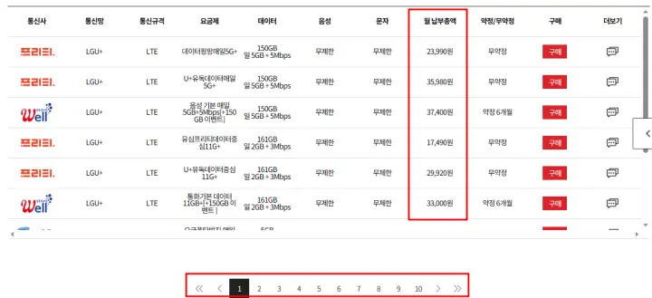 알플폰요금제-조건-검색-후-결과창