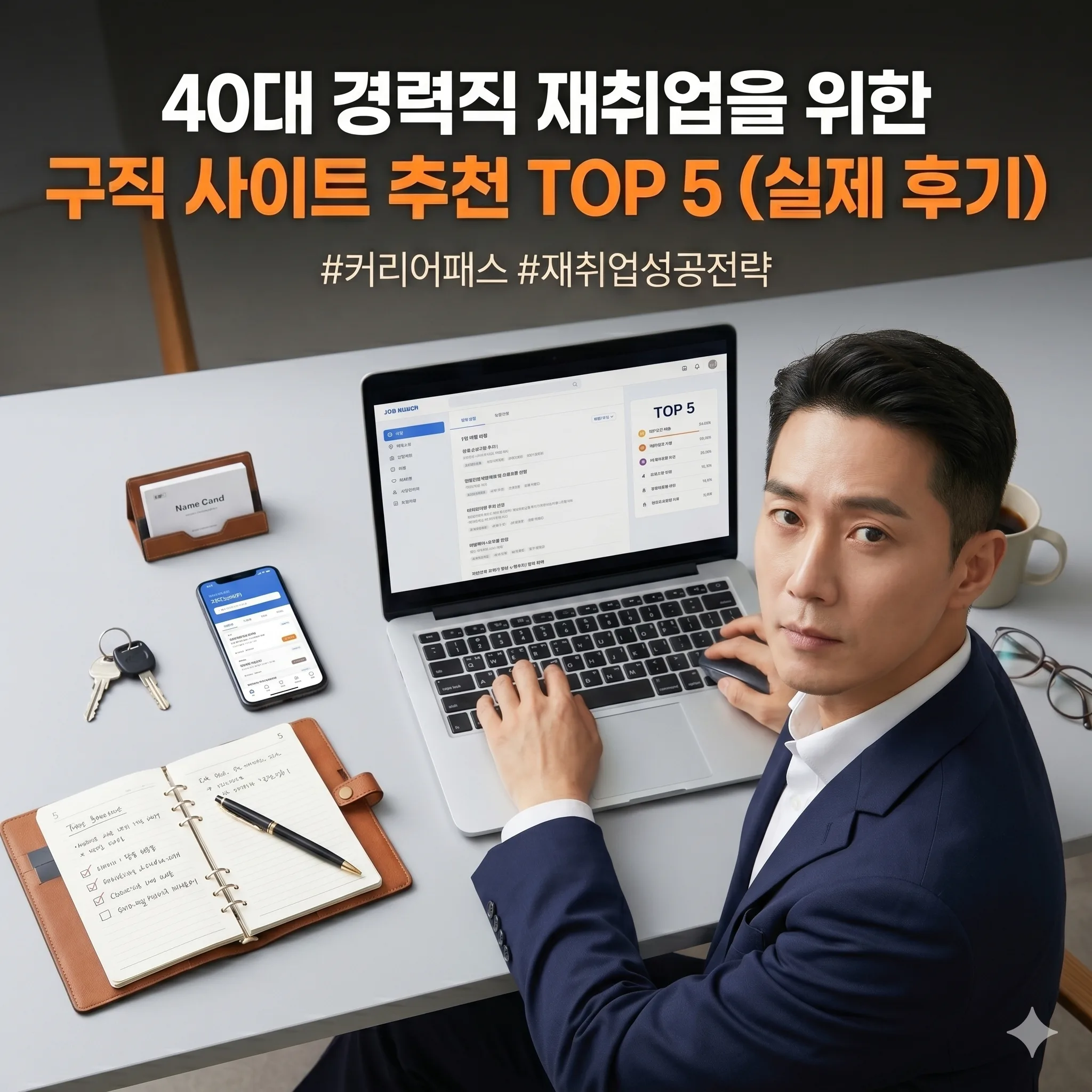 40대 경력직 재취업 사이트 추천 TOP 5 제목이 적힌 화면 앞에서 노트북을 사용하며 자신감 있게 미소 짓는 40대 남성 전문직 종사자의 모습.