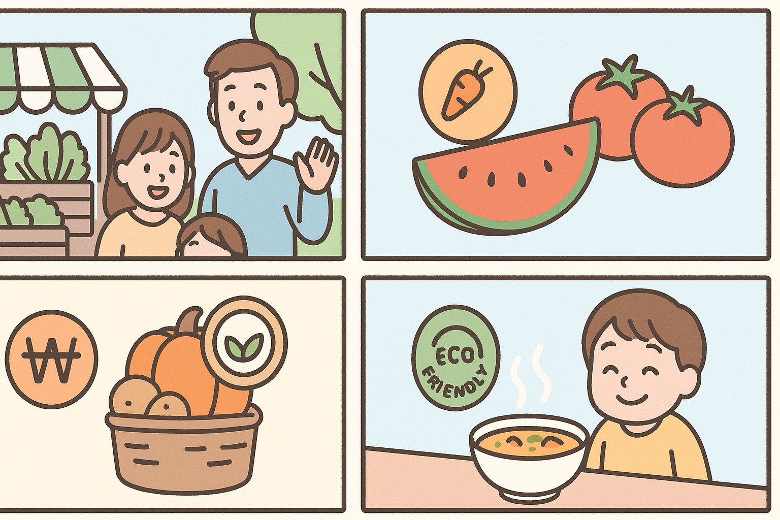 시장에서 식자재를 구입하고 요리하여 먹는 모습