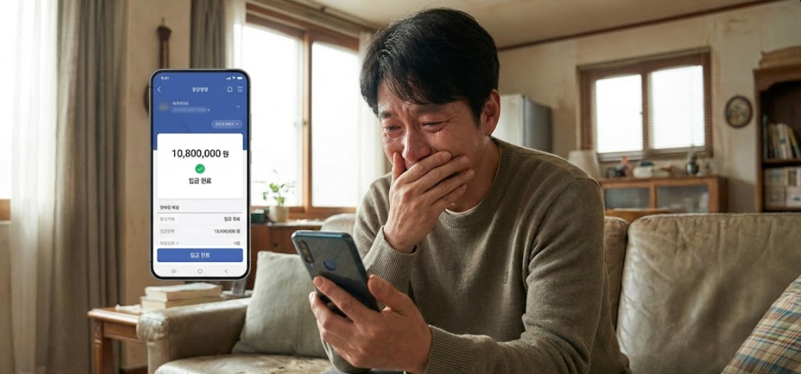 스마트폰 뱅킹 앱 화면에 10,800,000원이 찍힌 모습을 보며 감격하는 가장
