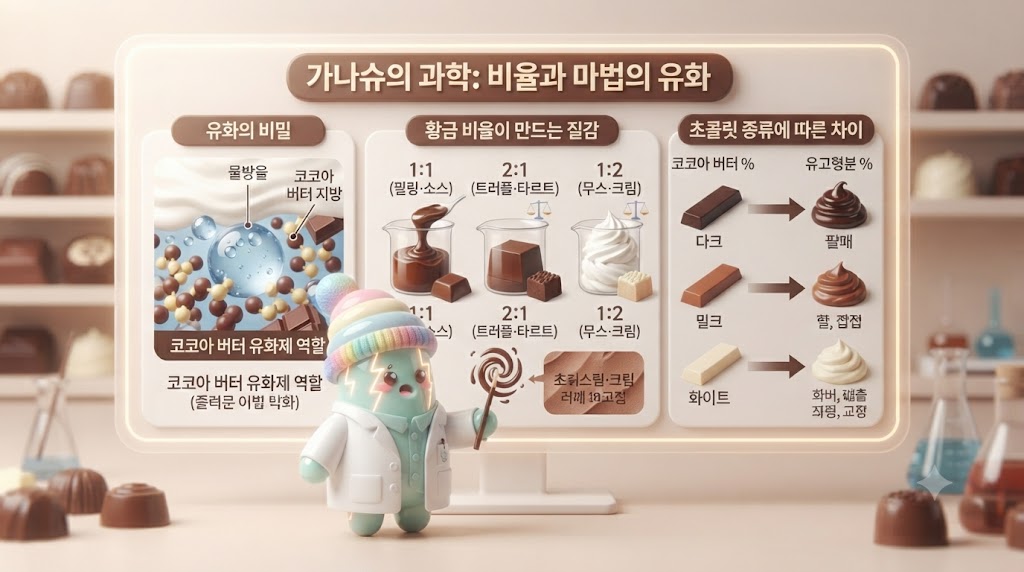 쫀쿠가 '가나슈 연구소'에서 초콜릿과 생크림을 비율별로 마법처럼 섞고 있습니다. 쫀쿠의 마법 지팡이가 가리키는 곳에는 1:1 비율의 부드러운 소스(filling), 2:1 비율의 단단한 트러플(truffle), 1:2 비율의 가벼운 무스(mousse)가 담긴 비커들이 명확한 홀로그램 차트와 함께 전시됩니다. 또한 다크, 밀크, 화이트 초콜릿 종류에 따른 코코아 버터 함량 차이도 입체적으로 비교됩니다.