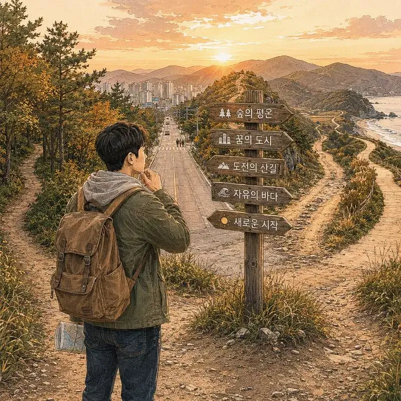노을 진 산과 바다 사이 갈림길에서 여러 방향을 고민하며 새로운 선택을 앞둔 여행자의 모습