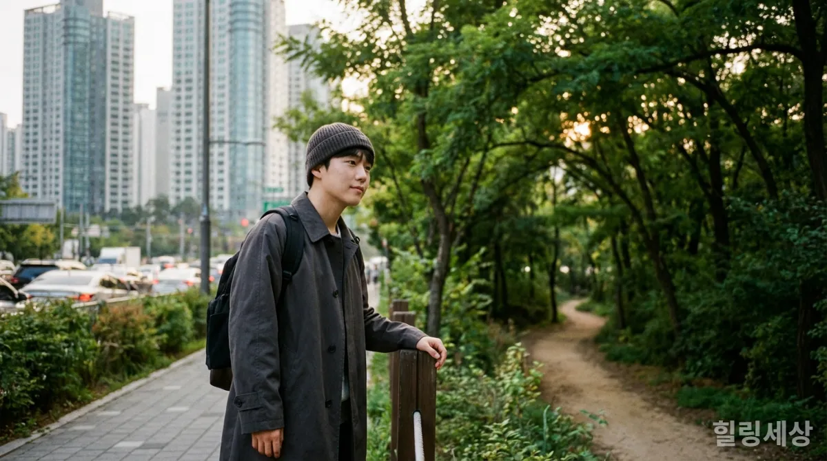 도시의 빌딩 숲을 뒤로하고 숲 입구를 바라보는 지친 현대인