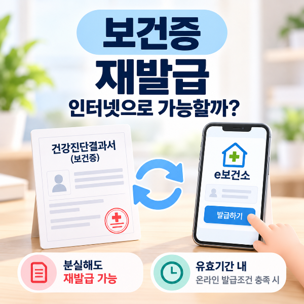 유효기간이 남아 있고 온라인 발급 조건을 충족하면 보건증을 인터넷으로 재발급할 수 있음을 안내하는 이미지