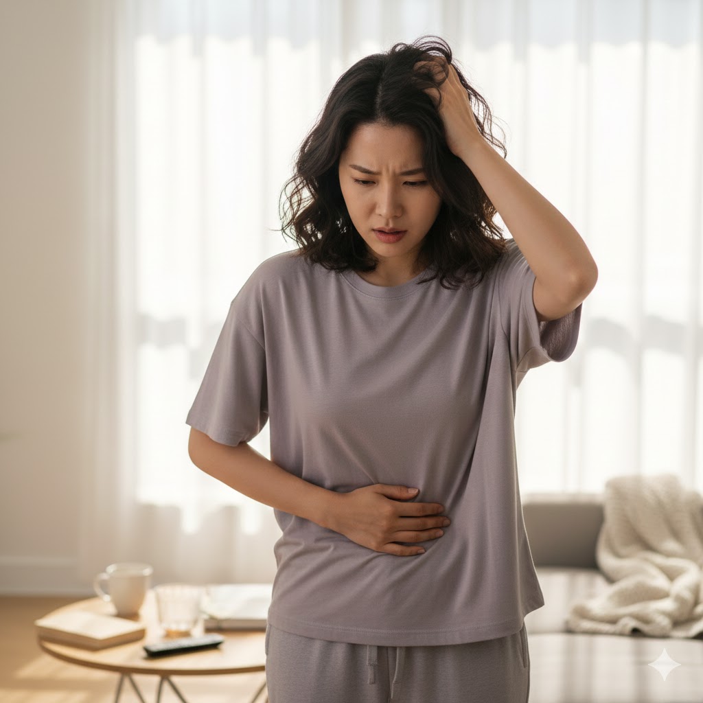 배를 잡고 혼란스러워하는 여성