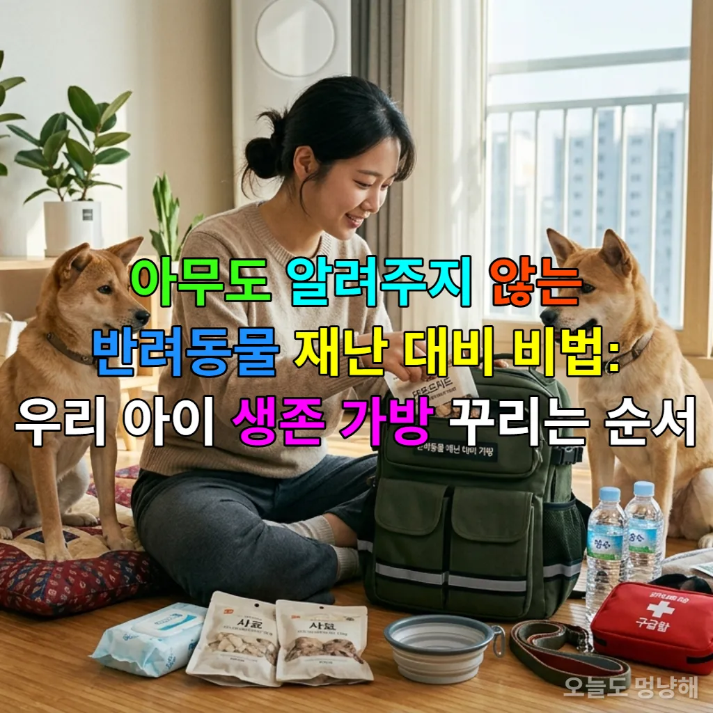한국인 여성이 반려동물 생존 가방을 꾸리는 모습, 옆에는 강아지 또는 고양이가 호기심 어린 눈으로 지켜보고 있다.