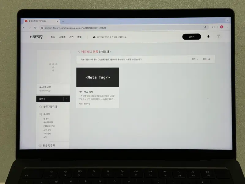 티스토리 플러그인 메타 태그 등록 검색 결과 화면 사진