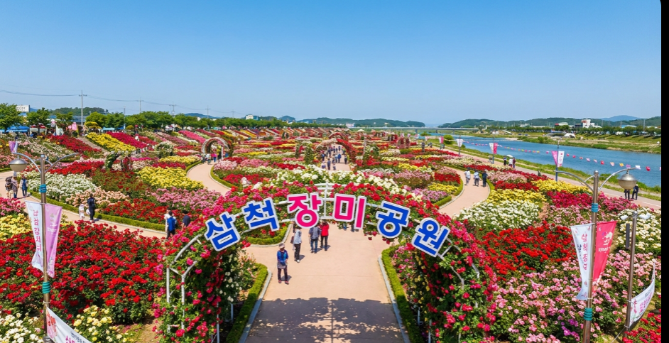 화려하고 풍성한 분홍색과 붉은색 장미가 가득 피어있는 삼척 장미공원
