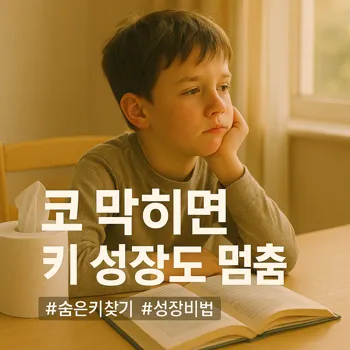 * 이미지 프롬프트: 밝은 햇살이 들어오는 아이 방 책상 앞, 초등학생 남자아이가 책을 펴놓고 턱을 괸 채 멍하니 창밖을 보고 있다. 책상 위에는 휴지 한 통이 놓여 있고, 아이의 코가 살짝 붉어져 있으며, 공부에 집중하지 못하고 코 때문에 답답해하는 기색이 역력하다. 전체적으로 따뜻하고 부드러운 색감. 필름 카메라로 촬영한 듯한 자연스러운 빛 번짐과 미세한 필름 그레인 효과를 더해 아날로그 감성을 표현한 극사실주의 사진 스타일.
* 썸네일 텍스트(제목): 코 막히면 키 성장도 멈춤
* 해시태그: #숨은키찾기 #성장비법