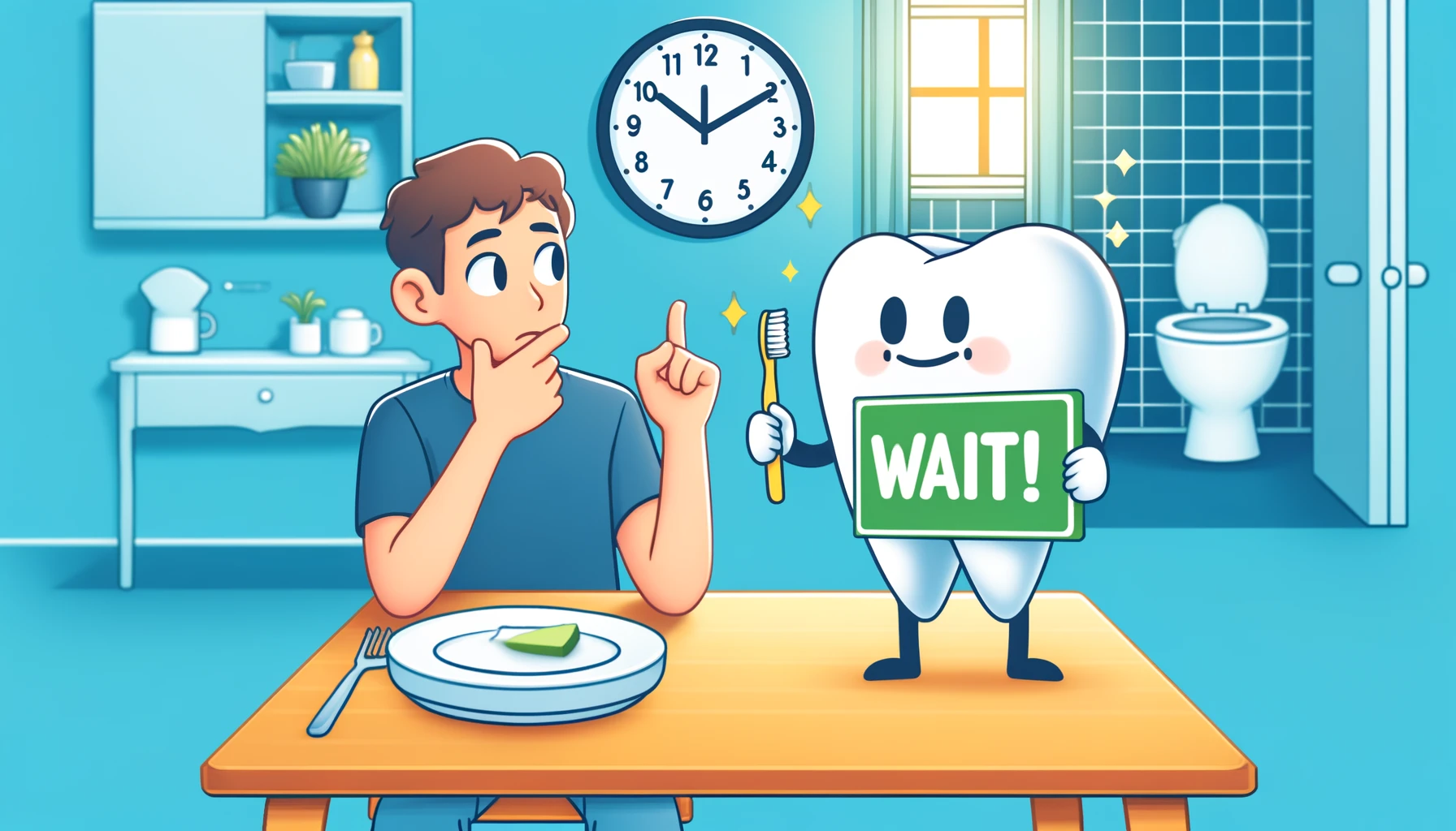 양치질을 하려는 인물이 시계를 보며 고민하는 장면