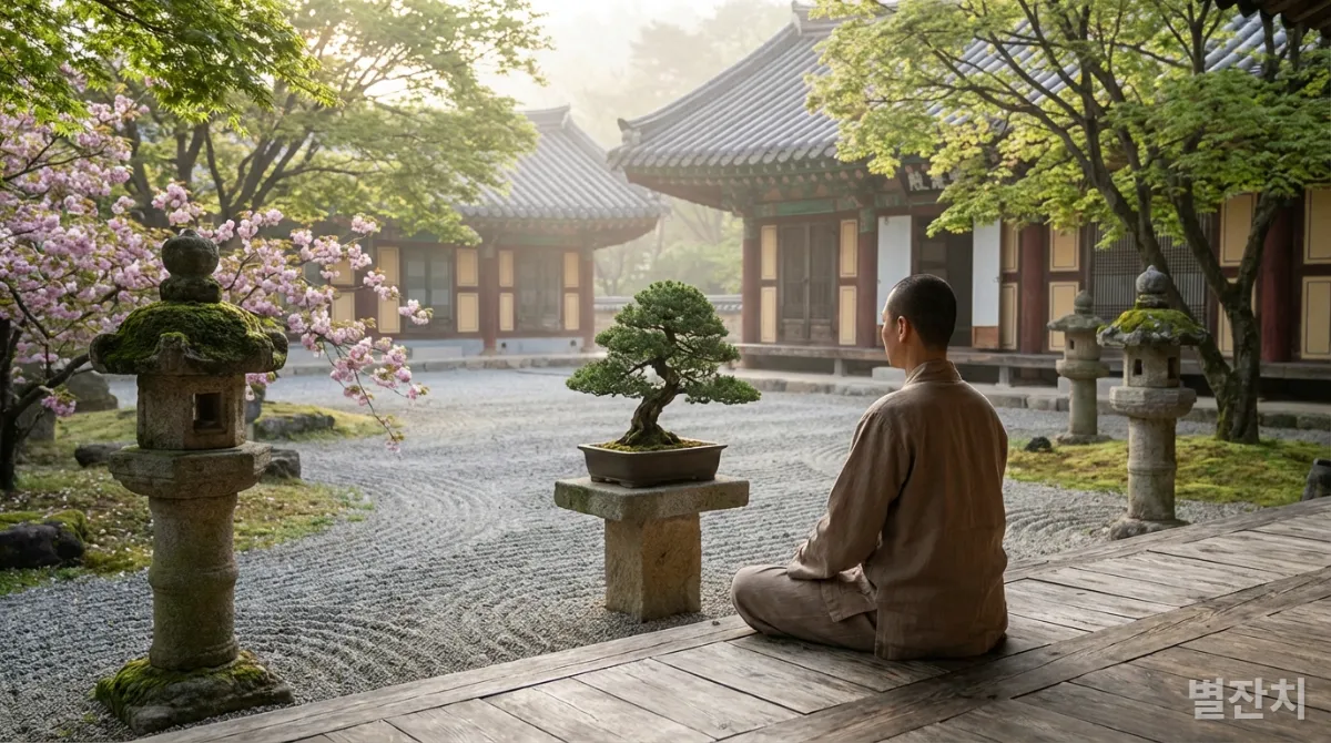 고요한 사찰에서 명상하는 사람