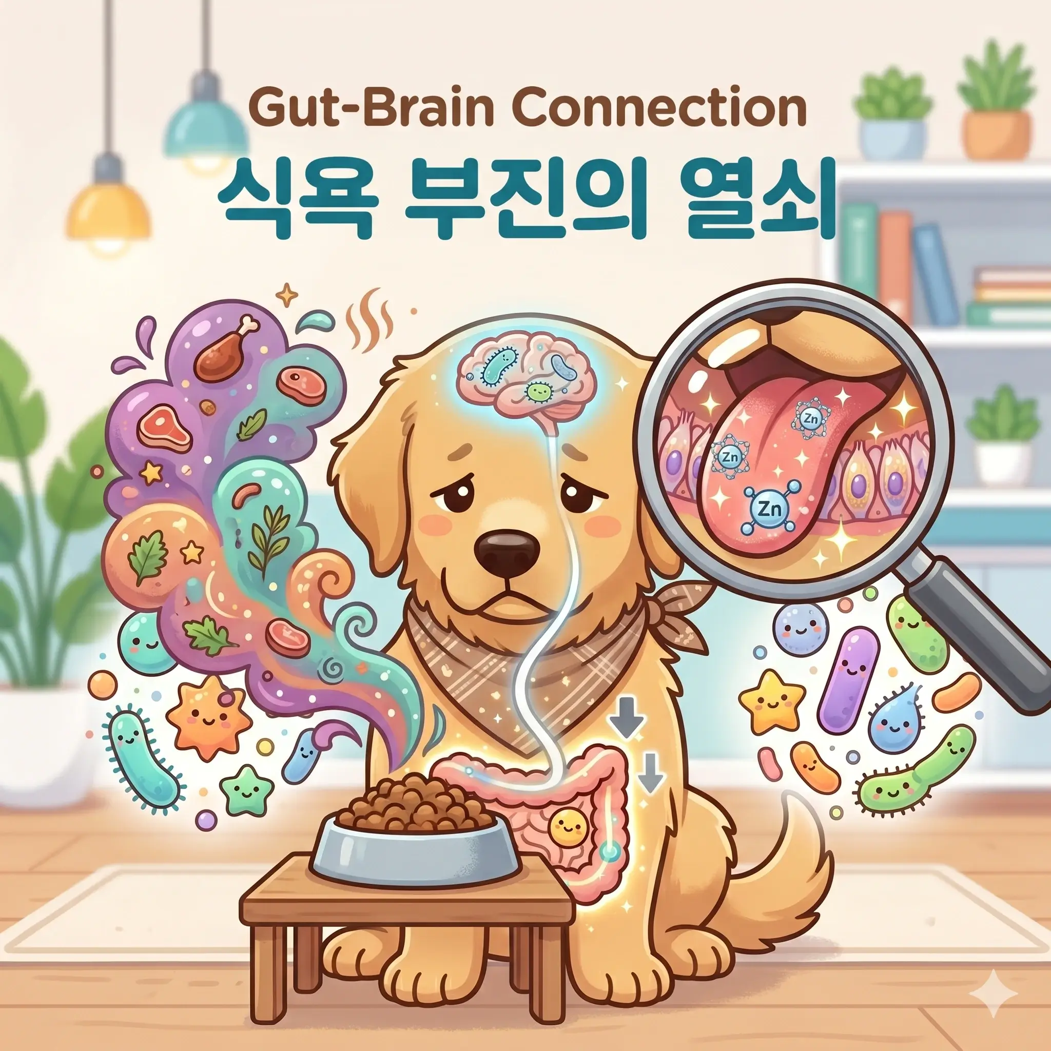 반려견의 사료 거부 원인 중 하나인 아연 결핍과 미각 상실의 상관관계를 시각화한 일러스트