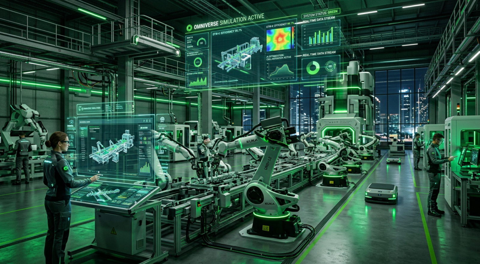 NVIDIA Omniverse 플랫폼을 활용한 디지털 트윈 공장 시뮬레이션으로, AI가 생산 과정을 실시간으로 최적화하고 있습니다.