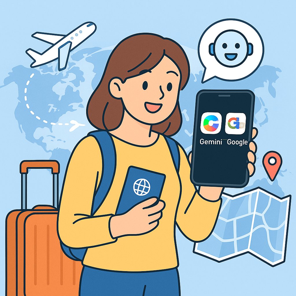 해외여행에서 구글 Gemini와 구글 번역 앱을 활용하는 장면