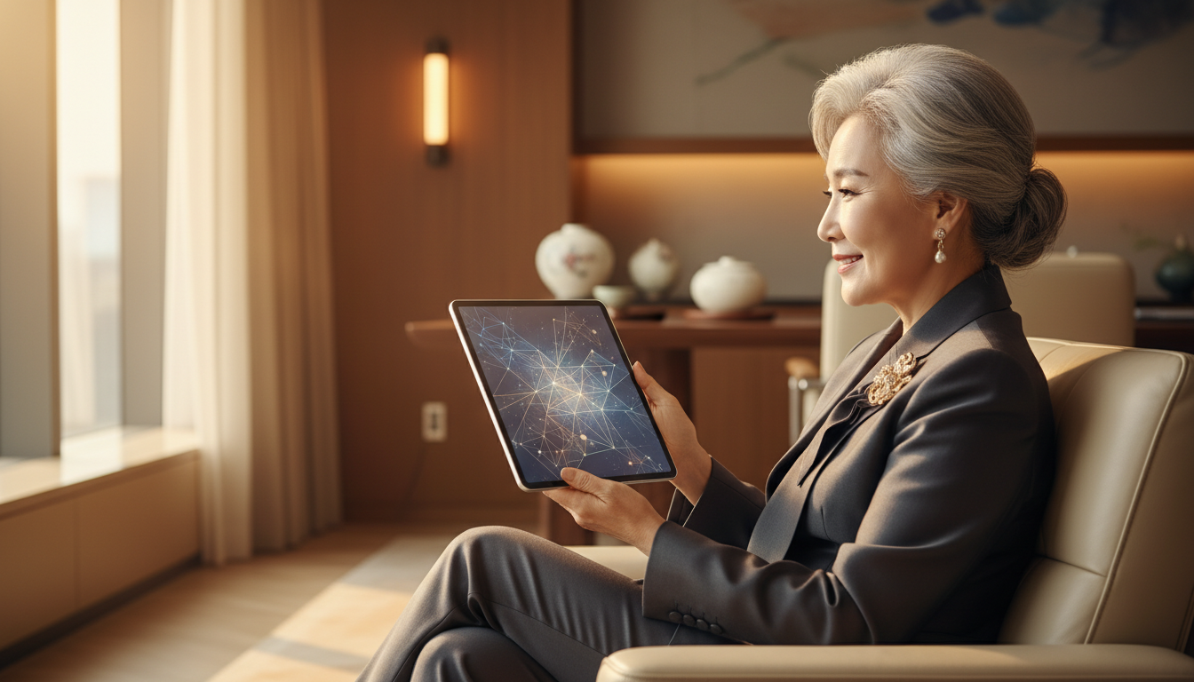 고급스러운 자산 관리 사무실에서 우아한 60대 한국인 여성이 은은하게 빛나는 미래형 금융 문서 태블릿을 보고 있는 모습, 어깨 너머로 촬영한 구도, 얕은 피사계 심도, 따뜻하고 영화 같은 조명, 차분하고 자신감 있는 표정, 둥둥 떠다니는 그래프 없음