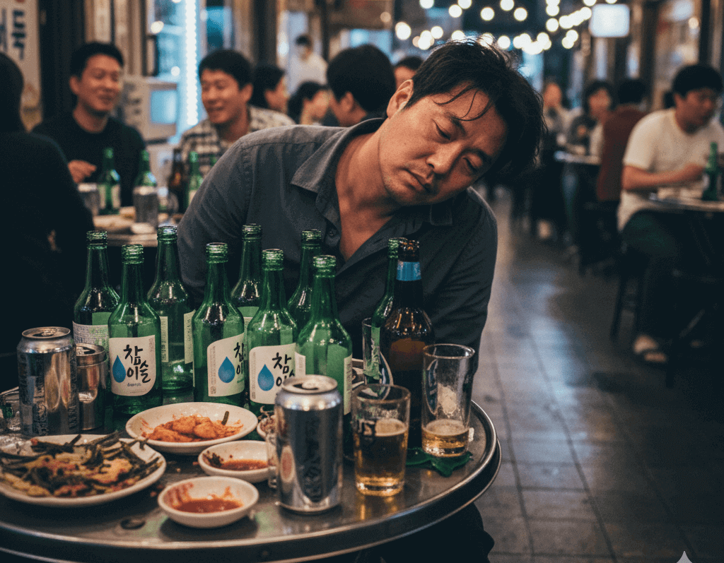 술병, 소주병, 맥주병, 식당, 취한사람, 맥주캔