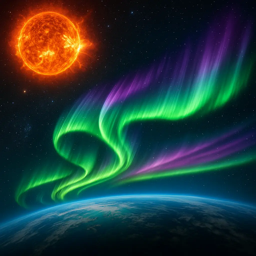 태양 폭풍이 만든 오로라가 지구 자기장과 부딪히는 장면을 묘사한 디지털 일러스트
