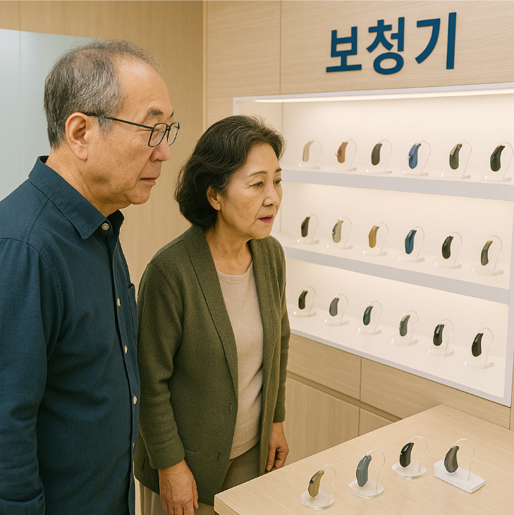 보청기 전문점 내부, 진열대 앞에서 다양한 보청기를 살펴보는 노부부의 측면 모습