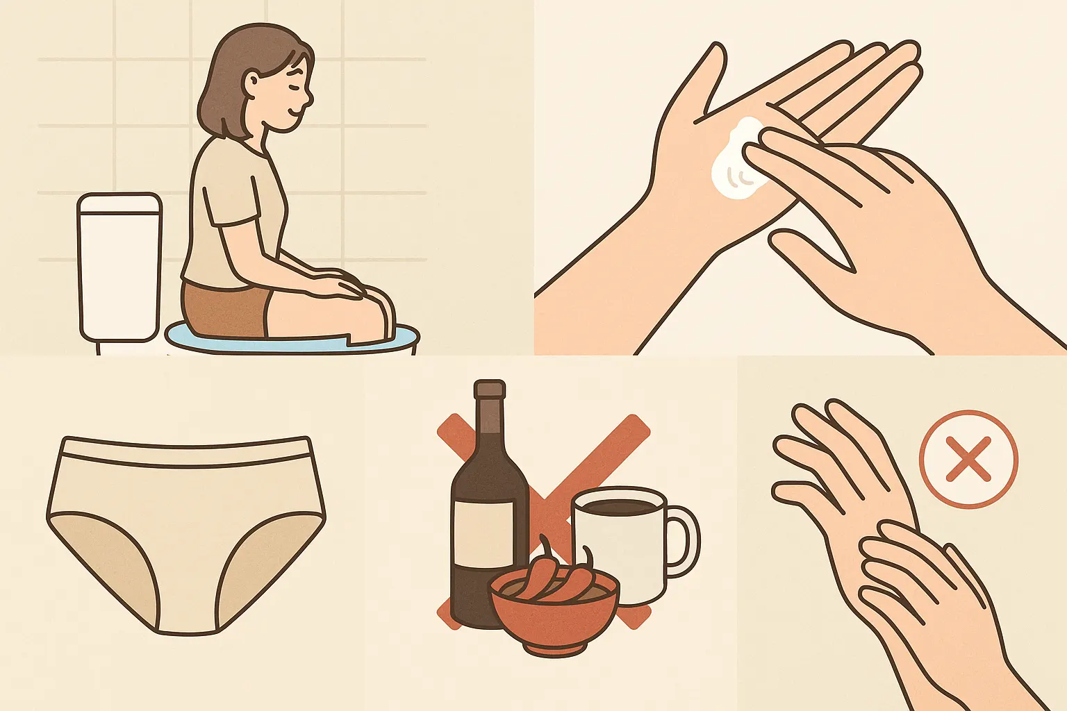 좌욕 그림, 보습제 바르는 손, 면 속옷, 술·커피·매운 음식 금지, 긁지 않기