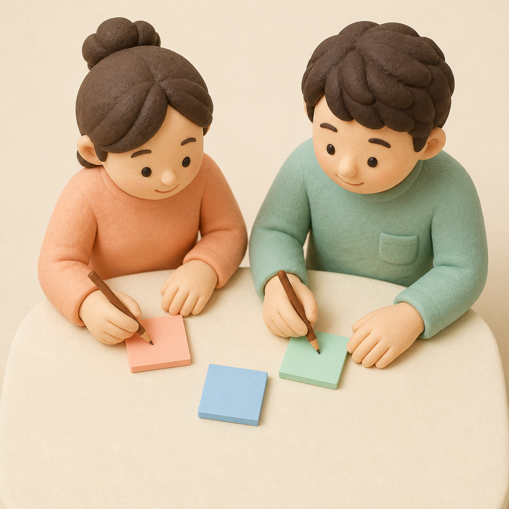 식탁에서 메모지에 세 구간 금액을 나눠 적는 30대 부부