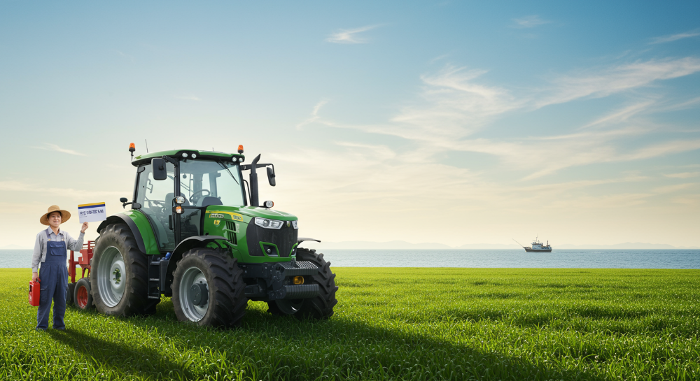 활짝 웃는 농부가 푸른 밭에서 면세유류카드를 들고 트랙터 옆에 서 있고, 멀리서 어선이 잔잔한 수면 위를 항해하는 모습을 담은 이미지.