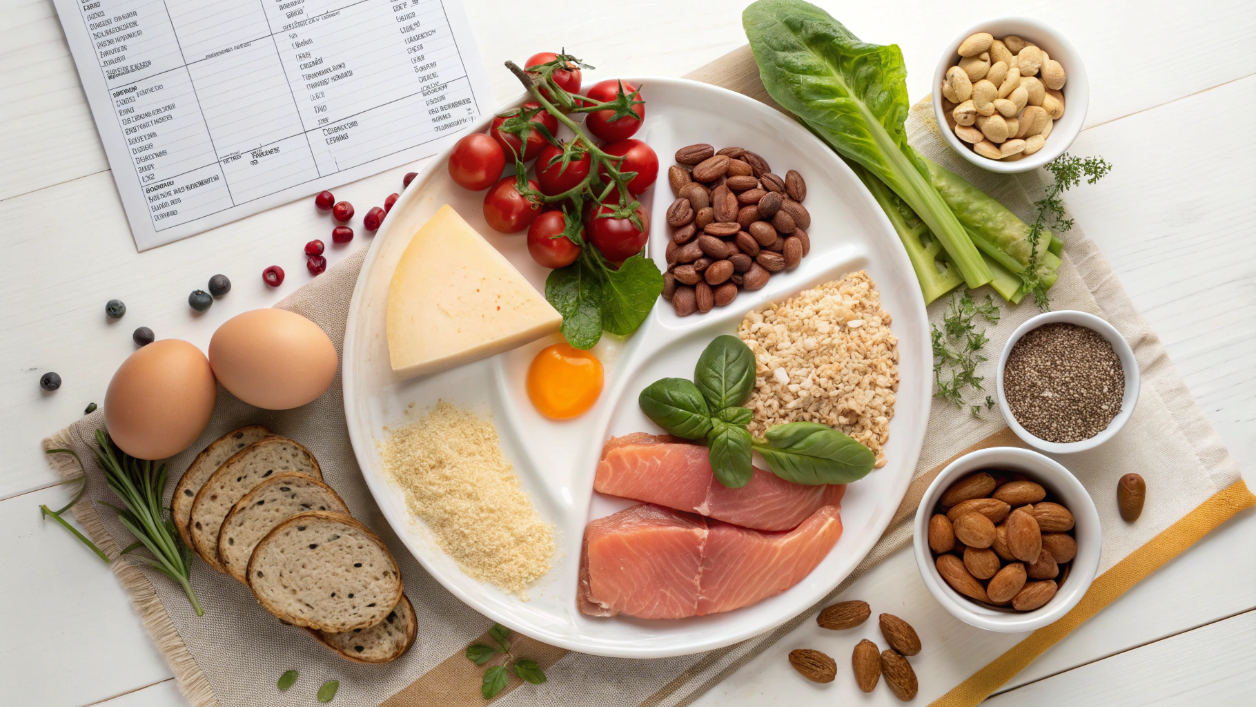 탄수화물,단백질,지방의 다양한 성분의 식품들이 골고루 접시에 담겨있는 사진