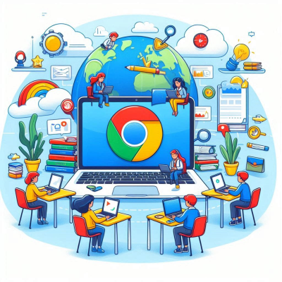 교실에서 학생들이 크롬 브라우저를 활용하여 학습하는 모습.