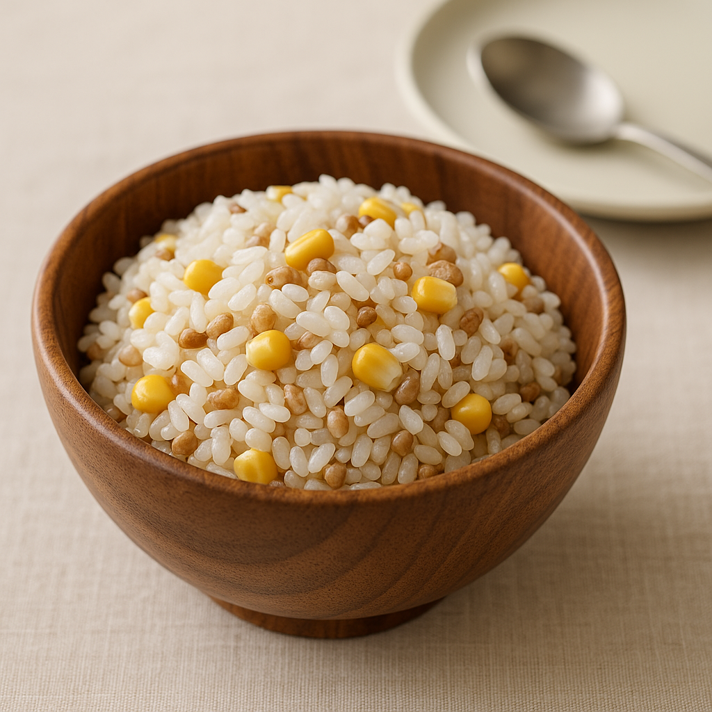 옥수수 알갱이와 율무가 어우러진 혼합잡곡밥, 나무 그릇에 담긴 모습