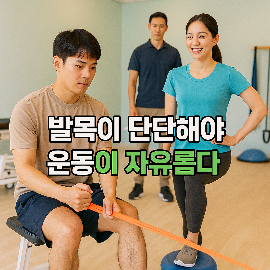 재활센터에서 발목 밴드 운동을 하는 남녀