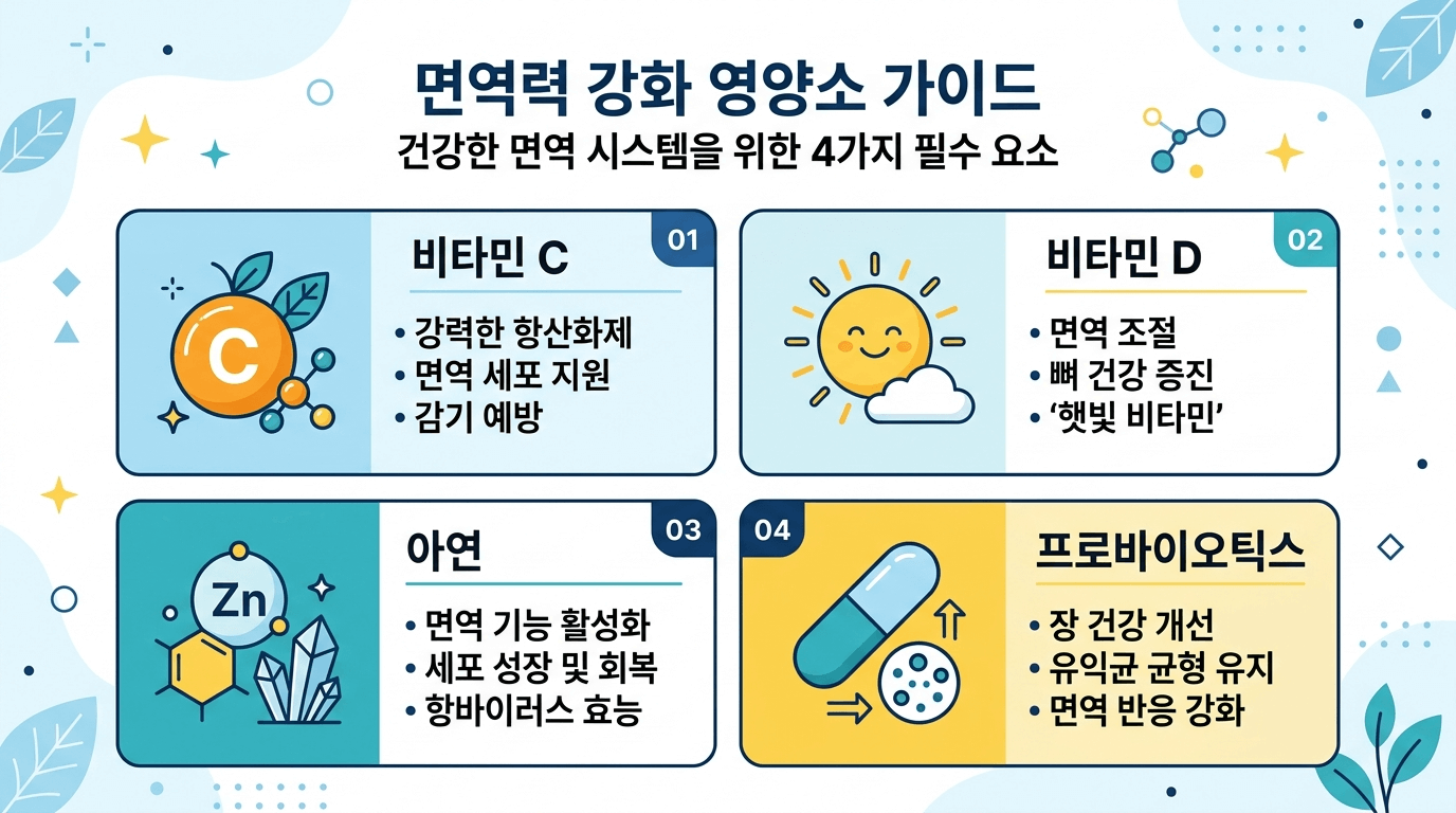 면역력 강화 영양소 비타민C 비타민D 아연 프로바이오틱스 구성 이미지