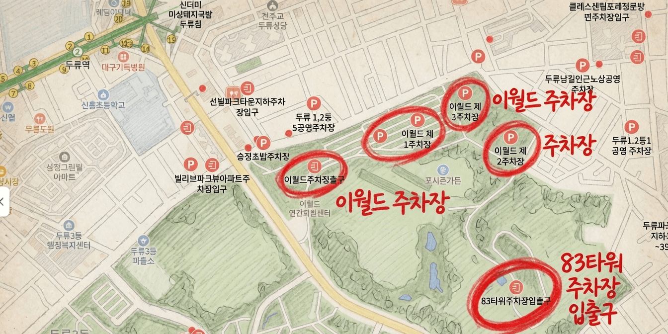 대구 두류공원 이월드 제1 제2 제3 주차장과 83타워 주차장 입출구 위치가 표시된 지도