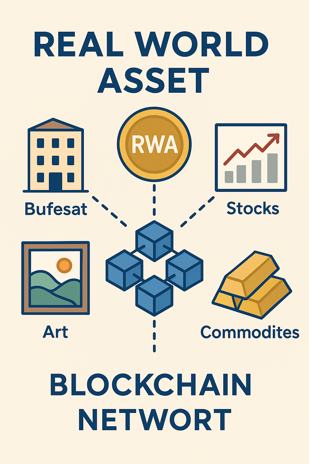 실물자산 토큰화(Real World Asset, RWA)를 나타내는 인포그래픽. 중앙에 'RWA' 코인이 있고, 부동산, 주식, 예술품, 원자재 아이콘이 블록체인 네트워크로 연결되어 있다.