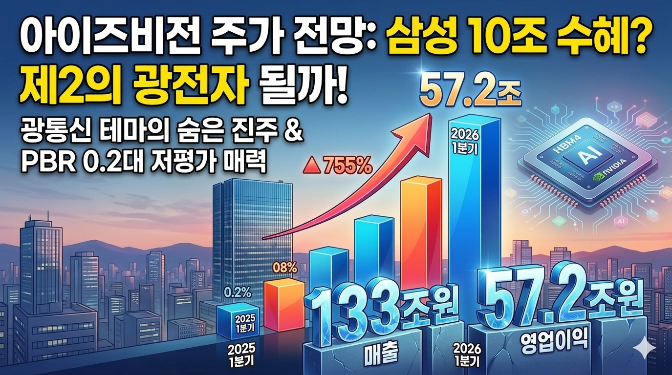아이즈비전 주가 전망을 분석하는 블로그 썸네일 이미지. 상단에는 '아이즈비전 주가 전망: 광통신 테마의 숨은 진주 & PBR 0.2대 저평가 매력', '제2의 광전자 될까!'라는 문구가 강조되어 있습니다. 배경은 현대적인 도시 야경과 빌딩 숲을 보여주며, 중앙에는 바닥권에서 위로 강하게 솟구치는 붉은색 상승 화살표와 막대그래프가 배치되어 주가 반등의 에너지를 시각화합니다. 우측에는 AI와 HBM4 기술을 상징하는 반도체 칩 일러스트가 있어 첨단 산업과의 연계성을 암시하며, 전체적으로 신뢰감 있는 푸른색 톤과 역동적인 디자인으로 구성되었습니다.