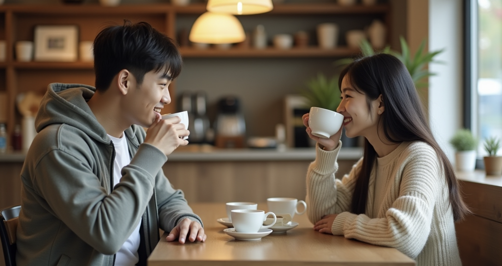 커플이 커피를 마시고 있는 모습