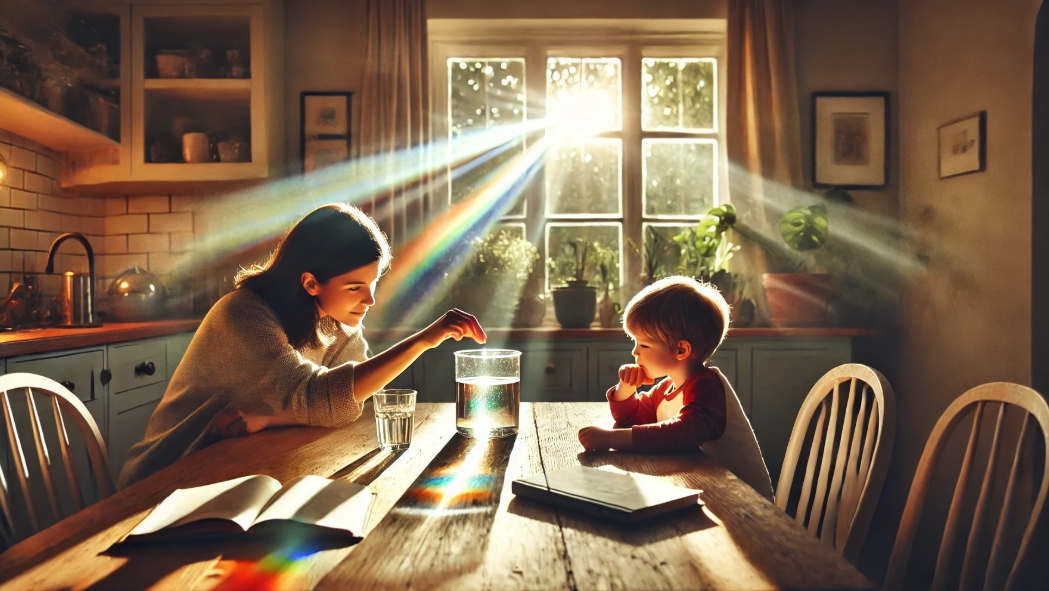 빛 굴절을 관찰하는 엄마와 아이의 모습