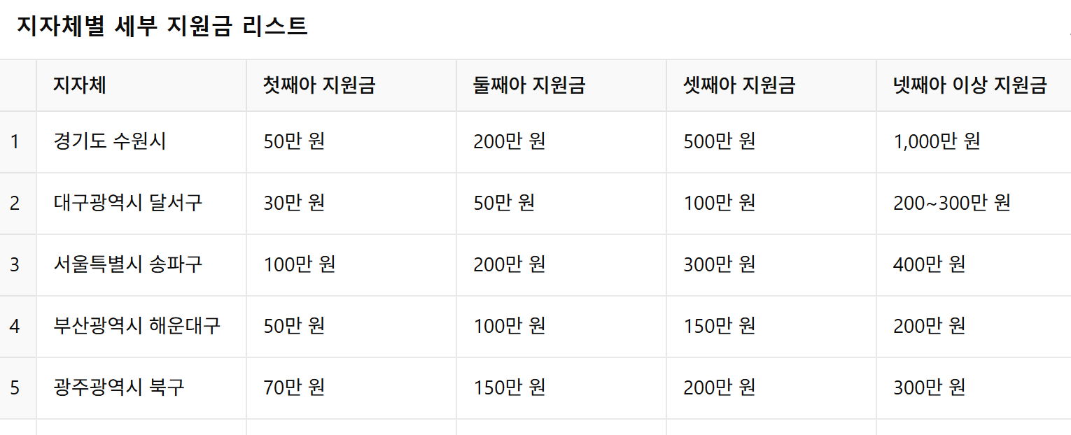 지자체별 세부 지원금 리스트