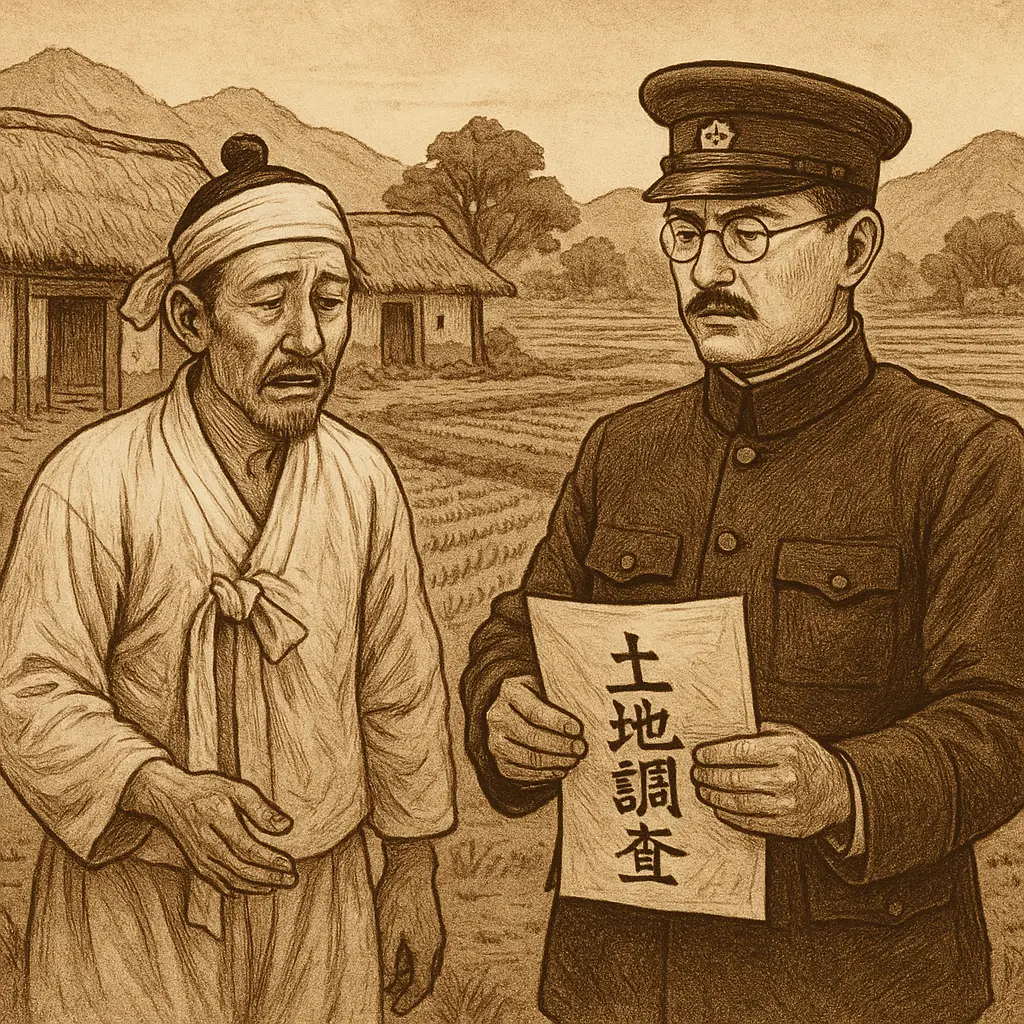 일제강점기 토지조사사업 장면을 표현한 역사 일러스트