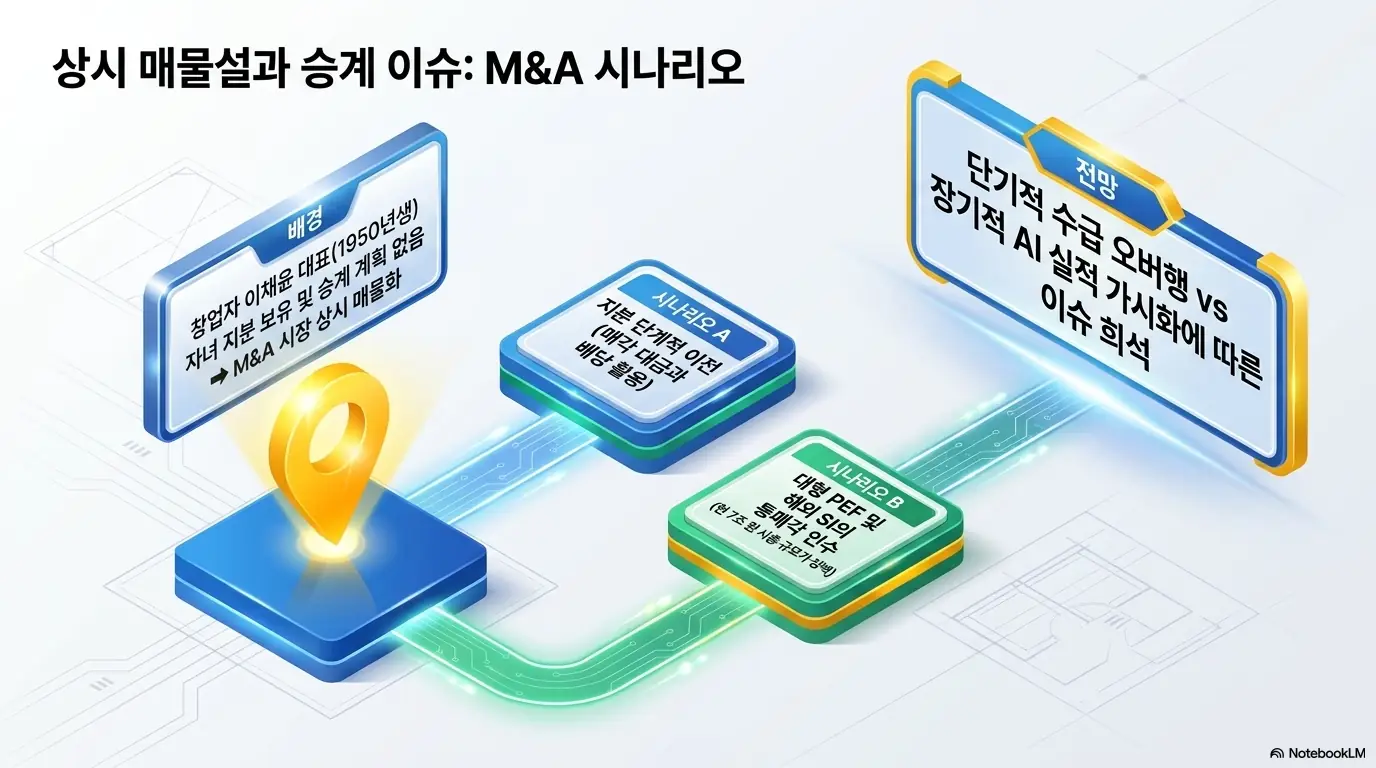 리노공업 주가 전망: 리노공업의 상시 매물설과 승계 이슈에 따른 인수합병 시나리오를 정리한 인포그래픽. 자녀 지분 보유와 승계 계획이 없는 창업자 배경을 바탕으로 단계적 지분 이전 시나리오와 대형 사모펀드·해외 전략적 투자자 인수 시나리오, 단기 수급 오버행과 장기 실적 가시화에 따른 이슈 희석 전망을 보여주며, 블로그의 리노공업 주가 전망 주제와 관련된 경영권 매각설을 설명함