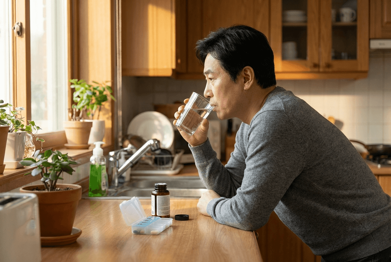 식후에 영양제를 복용하는 한국 남성이 물을 마시는 모습