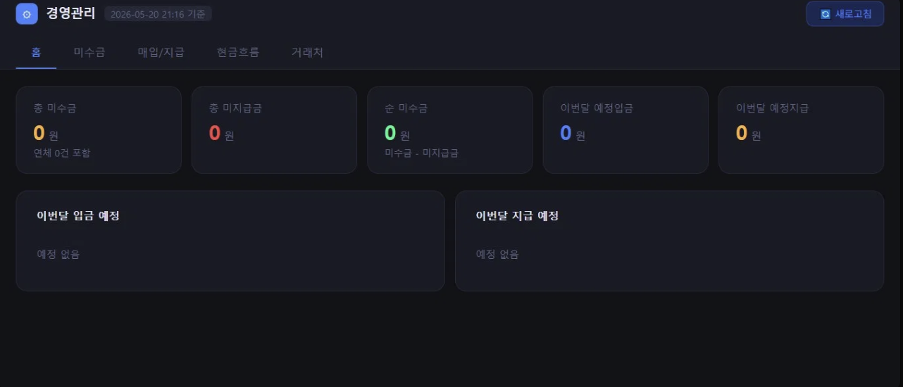 5인 미만 제조업 경영관리 대시보드 — 미수금·예정입금·현금흐름 한눈에 확인