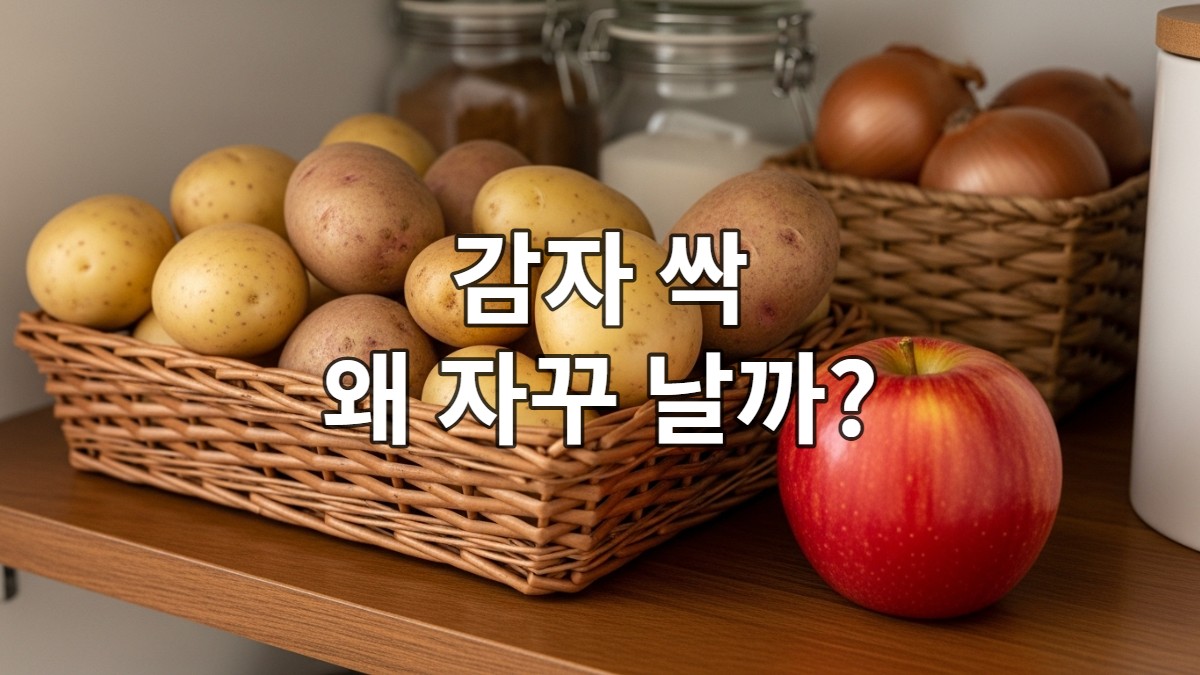 어둡고 서늘한 팬트리에 신선한 감자와 사과가 함께 보관되어 있는 모습