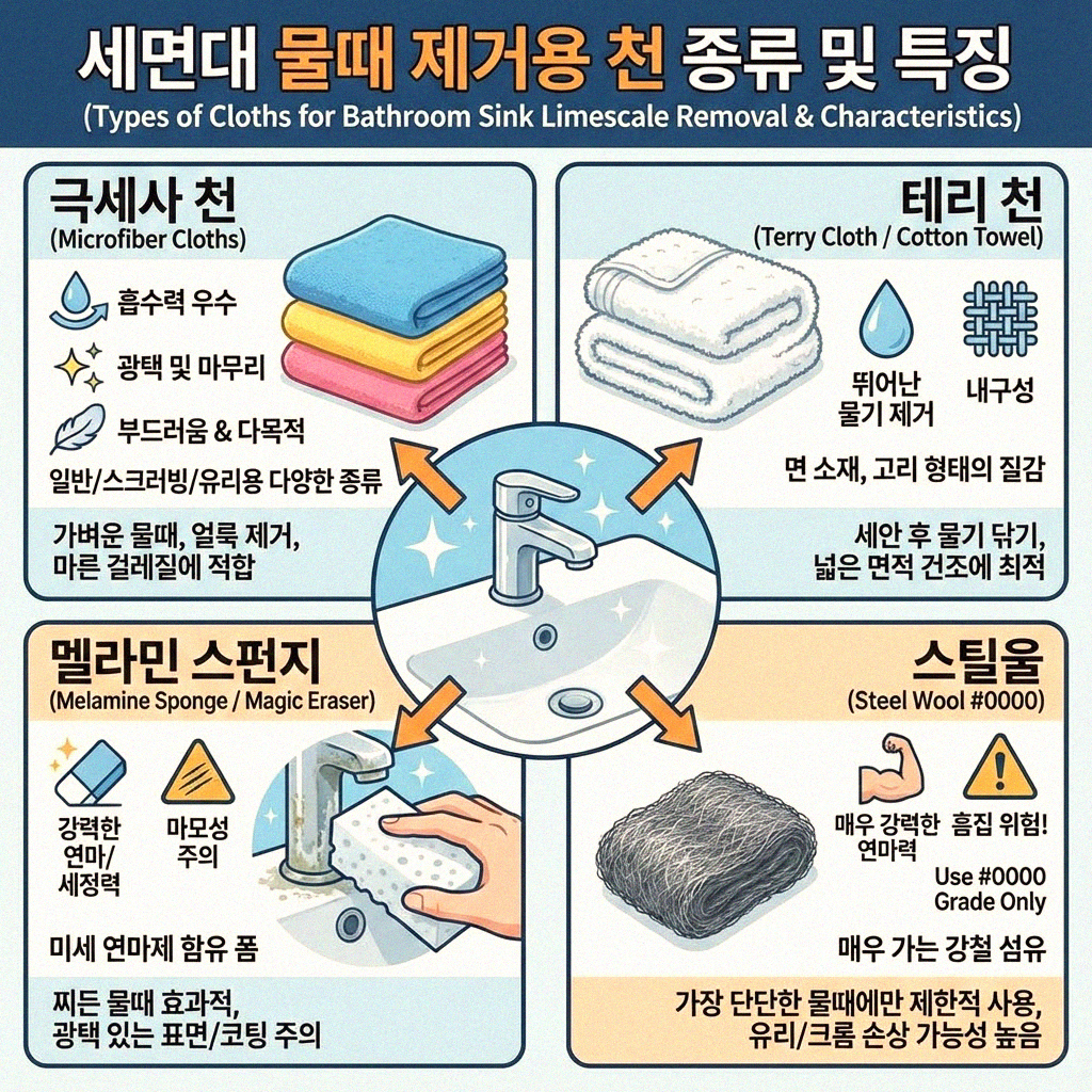 욕실 세면대 물때 제거를 위한 올바른 천 선택 가이드