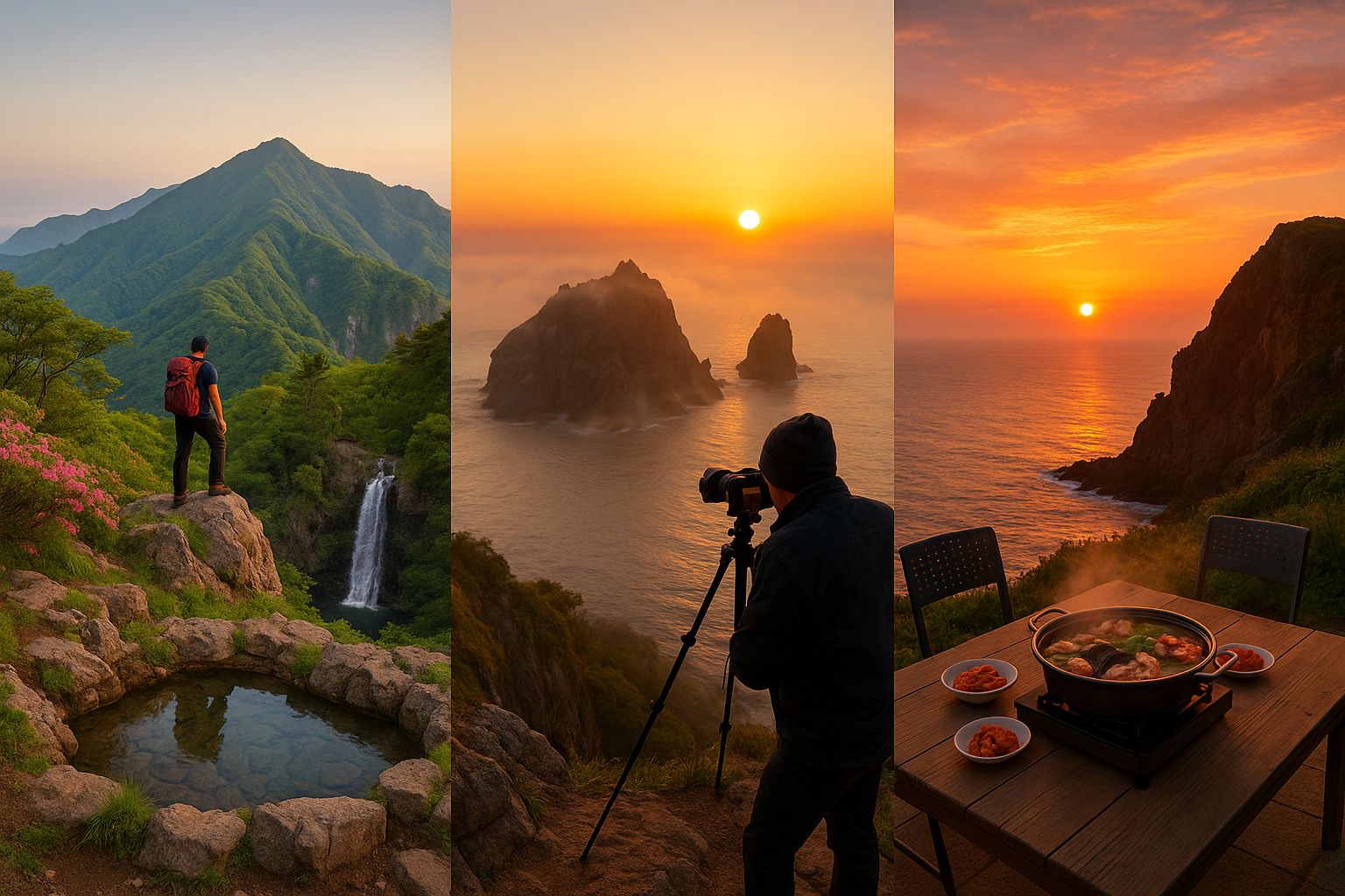 울릉도 성인봉 정상의 산악 풍경, 독도의 장엄한 일출 촬영 장면, 가거도의 붉은 노을과 해물탕 한 상을 담은 3분할 합성 사진