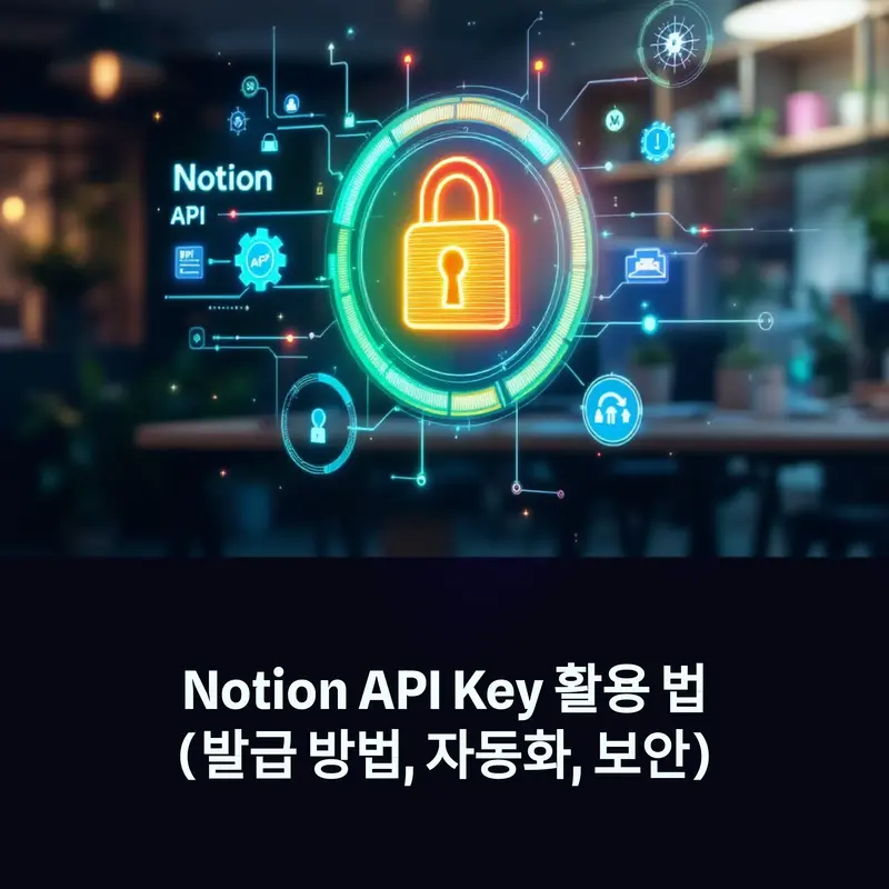 Notion API Key 발급 및 보안 자동화를 상징하는 디지털 잠금 아이콘과 연결된 인터페이스
