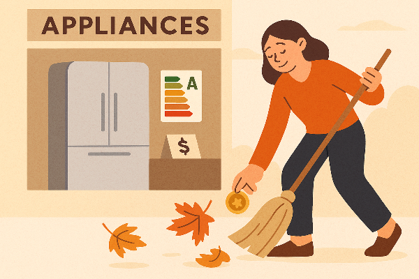 낙엽을 쓸면서 동전을 줍는 여인 모습