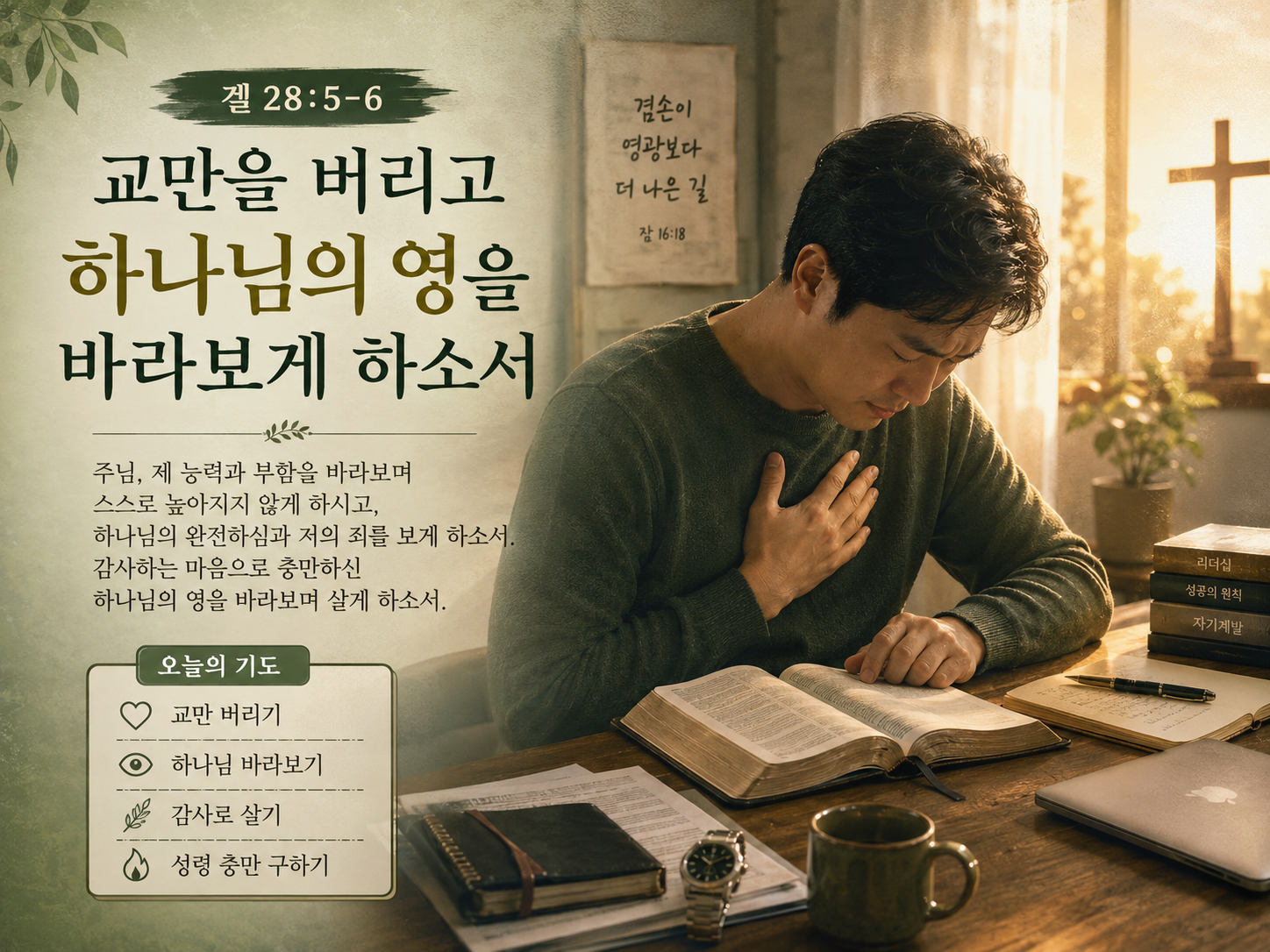 겔 28:5-6 말씀에서 자신의 부함으로 말미암아 교만하게 된 자가 자신을 결국 하나님처럼 생각하게 되는 어리석음을 보았으며&amp;#44; 저도 자신의 능력이나 부함을 기반으로 자신을 신처럼 생각하지 않기를 간절히 기도합니다. 제가 저의 능력이나 부함을 바라보기 보다 하나님의 완전하심과 나의 죄를 바라보며 스스로 감사하며 충만하신 하나님의 영을 바라는 삶을 살아갈 수 있기를 기도하는 모습입니다.